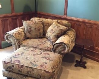 Tapestry chair, stained glass floor lamp