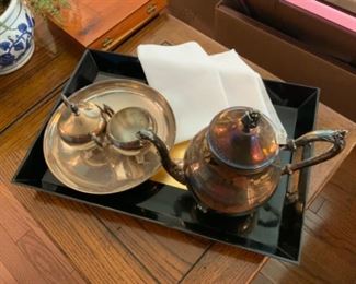 Silver Tea pot, tray, Sugar and creamer