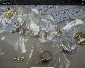 Gold earrings, class rings, alpha delta pi pendant