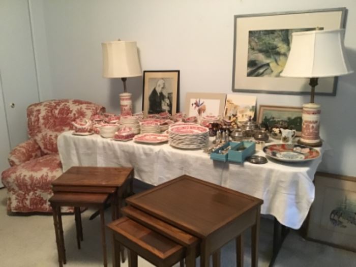 Spode tower red and white transfer ware china ~red & white lamps ~stackable tables