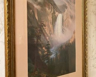 Mountain scene with waterfall, a print of a painting by Bierstadt.