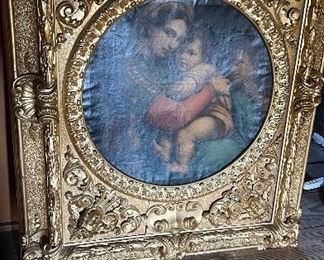 19TH C. OIL ON CANVAS PAINTING TITLED "MADONNA DELLA SEGGIOLA" AFTER THE ORIGINAL BY RAPHAEL IN A FANCY ORNATE FLORENTINE GOLD GILT FRAME;  57"H X 47"W