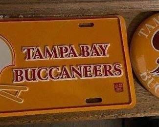 Vintage Tampa Bay Buccaneers License Plate and Large Pinback Button