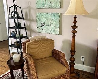 Milling road wicker chair, wildwood lamp, baker side table
