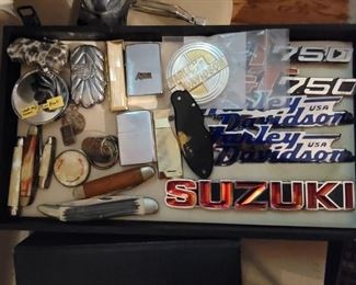 Pocket Knives, Lighters, Harley Davidson Emblems, Suzuki