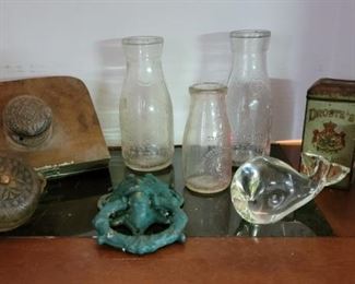 Ornate Handle, School Bell, Bell Isle Creamery Milk Bottle, Shale, Door Knocker, Tins