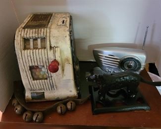Gum Ball Slot Machine, Brass Bells Streamline Radio, Dog Nut Cracker