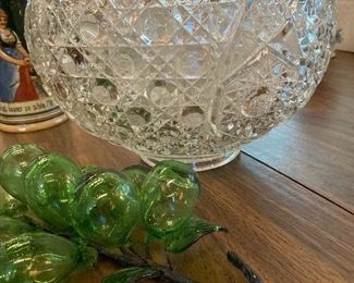 Punch bowl with cups and ladles. Beautiful blown glass green grapes with leaves 