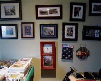 nice group of offset lithographs, plus Thomas Kinkade clock with stained glass panel. panels are interchangeable.