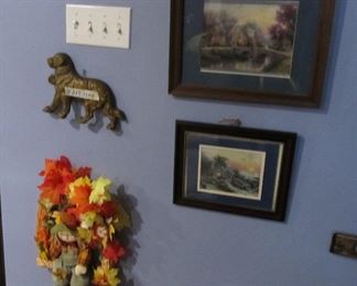 Tomas Kinkade offset lithographs, cast iron dog