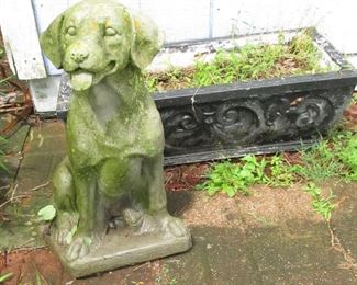cement dog + mid century cement planter