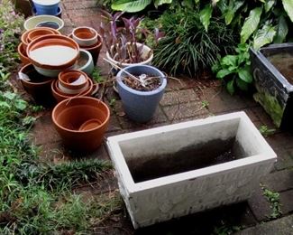 various clay pots, plus concrete planter very heavy