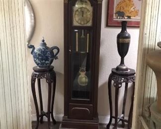Steinway Grandfather Clock.    "The Wittington".   Pair of matching marble top pedestal tables.