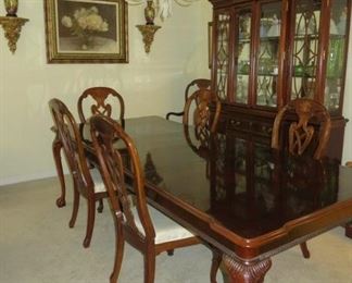 Mahogany Claw Foot Dining Table Set w/Six Chairs, 2 Leaves & Matching China Hutch