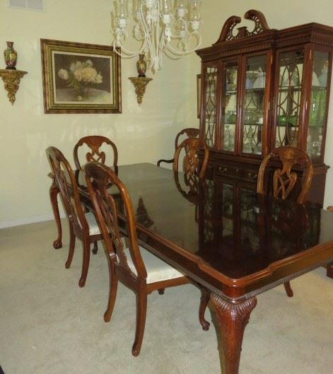 Mahogany Claw Foot Dining Table Set w/Six Chairs, 2 Leaves & Matching China Hutch