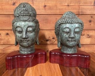 2 Bronze Thai Buddha Heads on Timber Stands