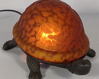 Ying Long Cast Iron & Amber Glass Turtle Lamp	