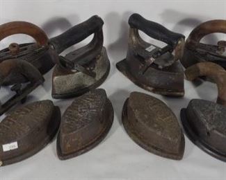 10 Antique Sad Irons w/ Wood Handles	