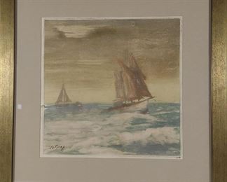 Julius Katzieff Monotype on Paper of Sail Boats	