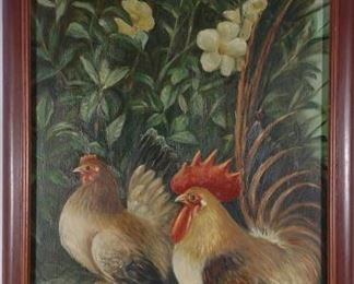 Lie Pie An Oil on Panel Rooster & Hen Painting	