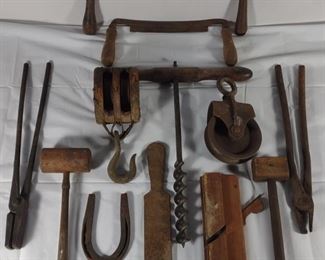 Various Antique Hand Tools & Pulleys	