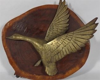 Hanging Brass Flying Duck on Wood Slab	