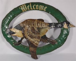 Signed Metal Painted Goose Welcome Sign	