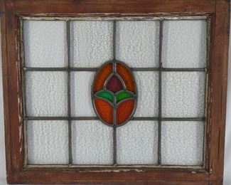 Antique Tulip Lead Stained Glass Window Panel	