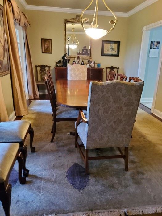 Ethan Allen dining table & chairs. Seats 12. 10 chairs, 2 captain's chairs. 