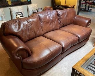 Excellent Condition Brown Leather Couch Nailhead Finish