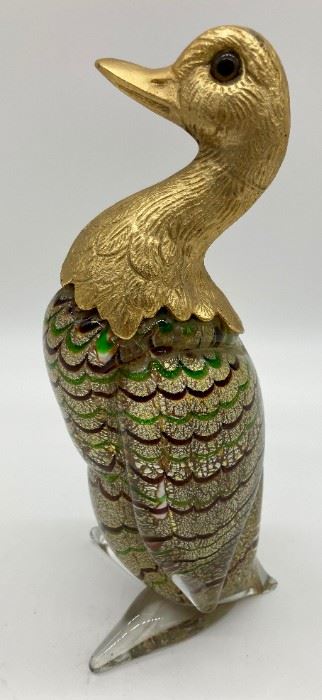 Venetian Murano Art Glass duck with brass head by Barovier