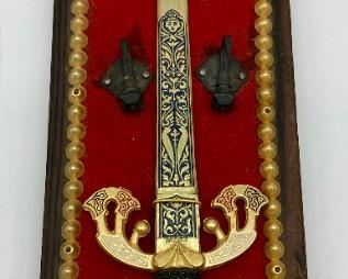Vintage letter opener and key hooks wall plaque