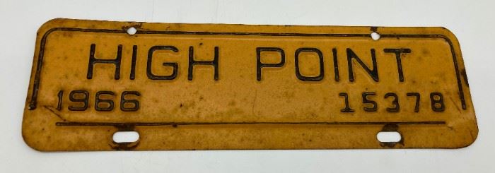 Antique 1966 High Point NC decorative metal license plate
