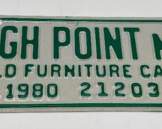 Vintage 1980 High Point NC World Furniture Capital decorative metal license plate