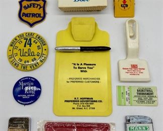 Various vintage advertising products including Dove soap, UCLA, State Farm Insurance, Exxon