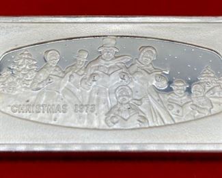 The Franklin Mint solid sterling silver (guaranteed 1000 grains) Christmas 1973 ingot in case