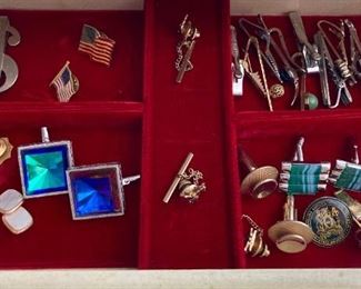 Vintage cuff links, lapel pins and tie clips