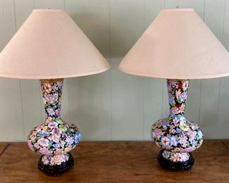 Vintage floral Cloisonne style lamps (set of 2)