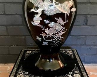 Black lacquer and mother-of-pearl vase and stand