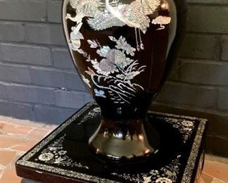 Black lacquer and mother-of-pearl vase and stand