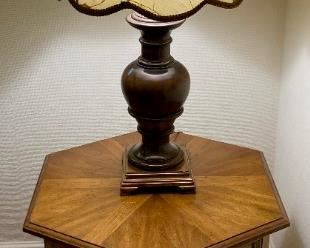 Vintage brass and wood lamp on Heritage by Drexel Madigral end table