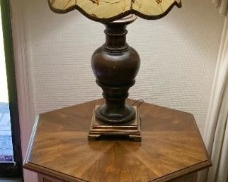 Vintage brass and wood lamp on Heritage by Drexel Madigral end table