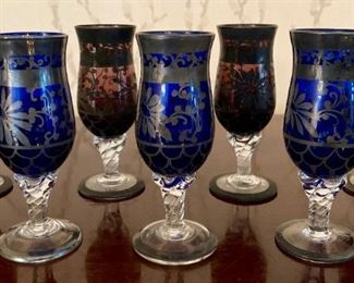 Mid-Century Art Nouveau Cobalt with silver overlay cordial glasses; Mid-Century Art Nouveau Amethyst with silver overlay cordial glasses (decanters pictured separately)