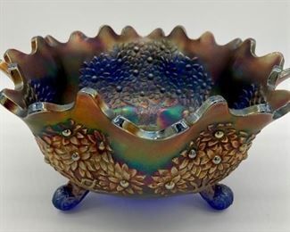 Blue iridescent Carnival glass bowl