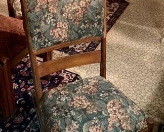 Antique oak tapestry upholstered rocker