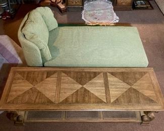 Vintage chaise lounge; vintage cane bottom coffee table
