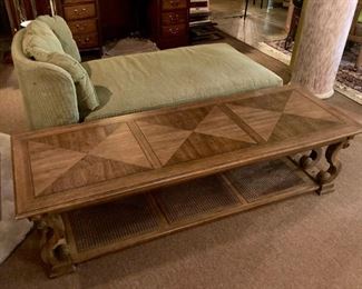 Vintage chaise lounge; vintage cane bottom coffee table