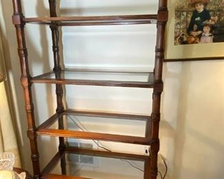 Lr067 Wood Etagere With Glass Shelves And A Cane Bottom Shelf
