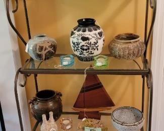 Bakers Rack  , Bronze Rhinoceros, and Pottery