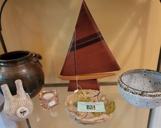 Wooden Sail Boat and Pottery 